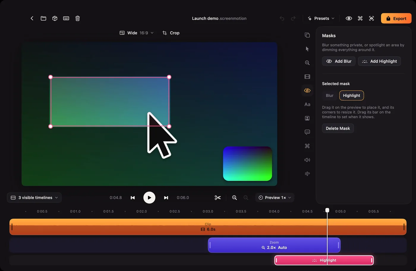 A highlight being placed on the preview