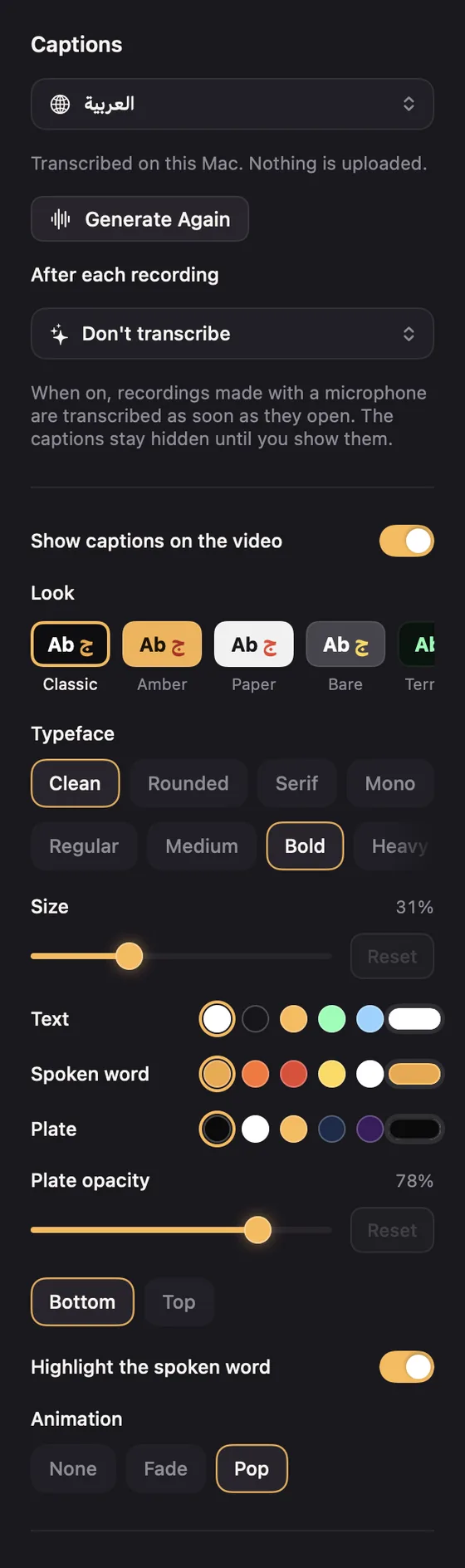 Captions settings